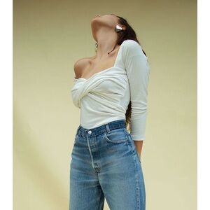 NWOT The Line by K Stevie Top in White Ribbed Cotton Jersey Basic Quarter Sleeve